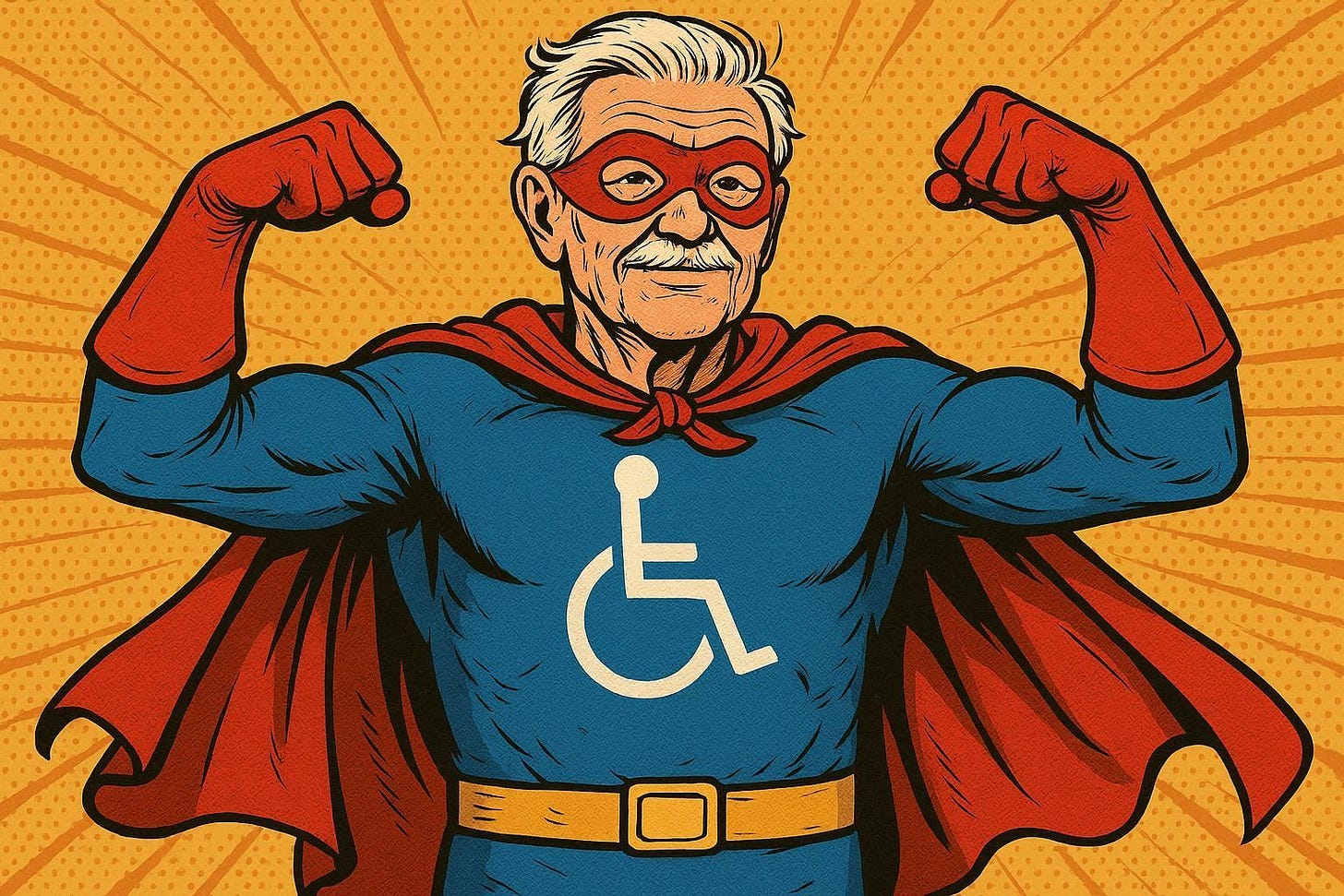 an elderly man wearing a superhero costume with the handicapped parking space logo on his chest, arms flexing and a confident look, comic book style illustration