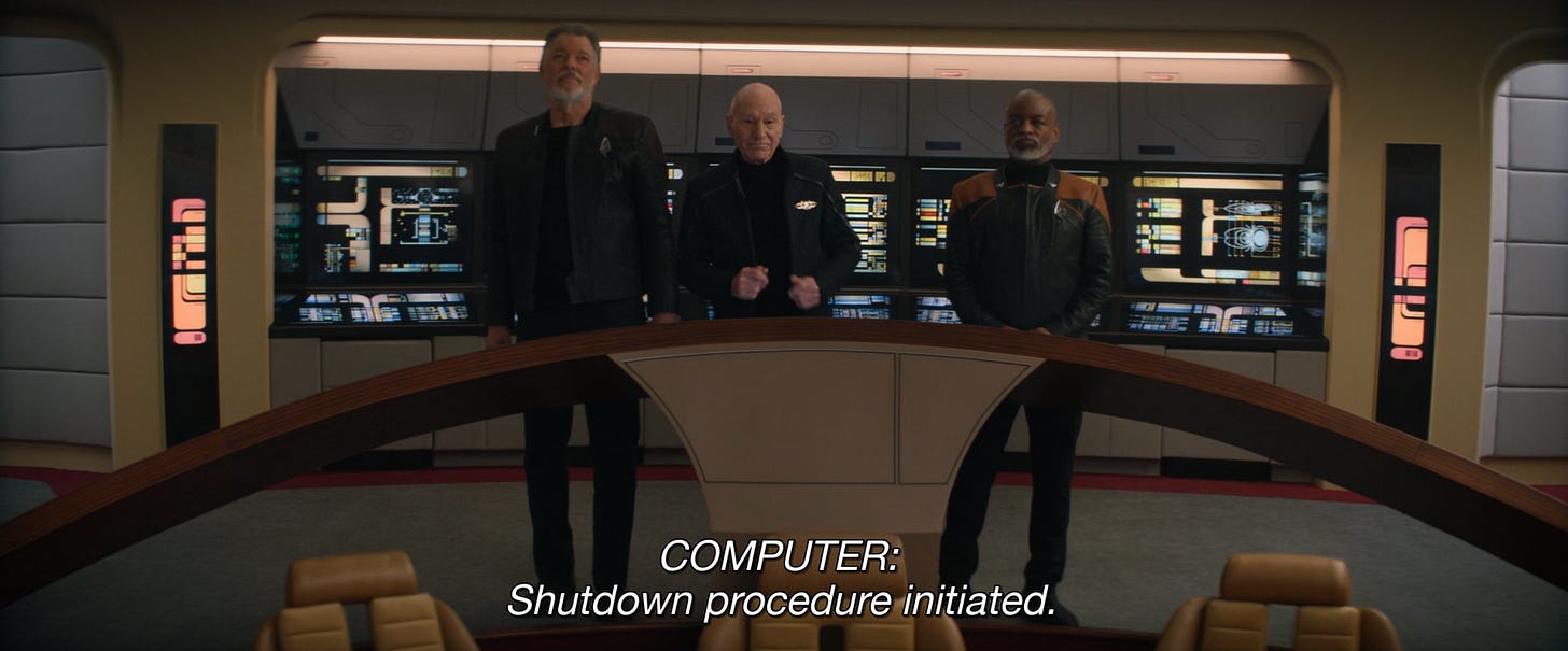 Picard S3E10: hearing the computer voice aboard the Enterprise, Riker says  "I miss that voice." That's Majel Barrett, wife of Gene Roddenberry, who  played the computer voice in all Star Trek shows (