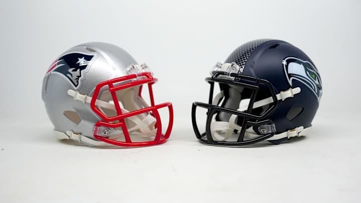 New England Patriots and Seattle Seahawks helmets