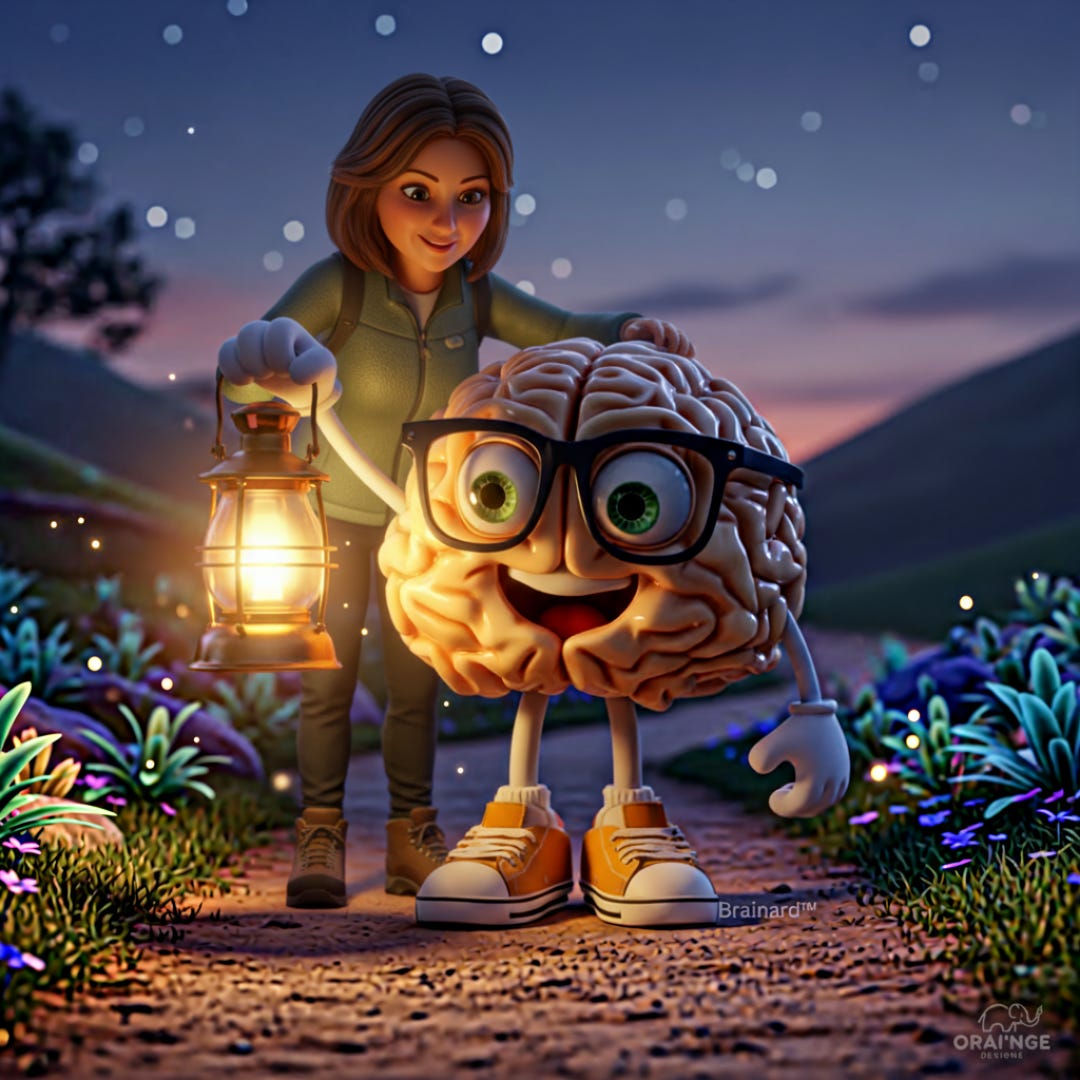 An animated brain character named Brainard™ standing on a twilight path beside a woman holding a glowing lantern. The woman gently guides Brainard forward, symbolizing shared courage, learning, and connection. An animated brain character named Brainard™ standing on a twilight path beside a woman holding a glowing lantern. The woman gently guides Brainard forward, symbolizing shared courage, learning, and connection.