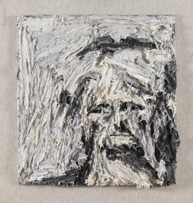 Auerbach's Head of E.O.W. IV: a woman's head in white, cream, gray and black paint on a small panel, the face low and right of center Auerbach's Head of E.O.W. IV: a woman's head in white, cream, gray and black paint on a small panel, the face low and right of center