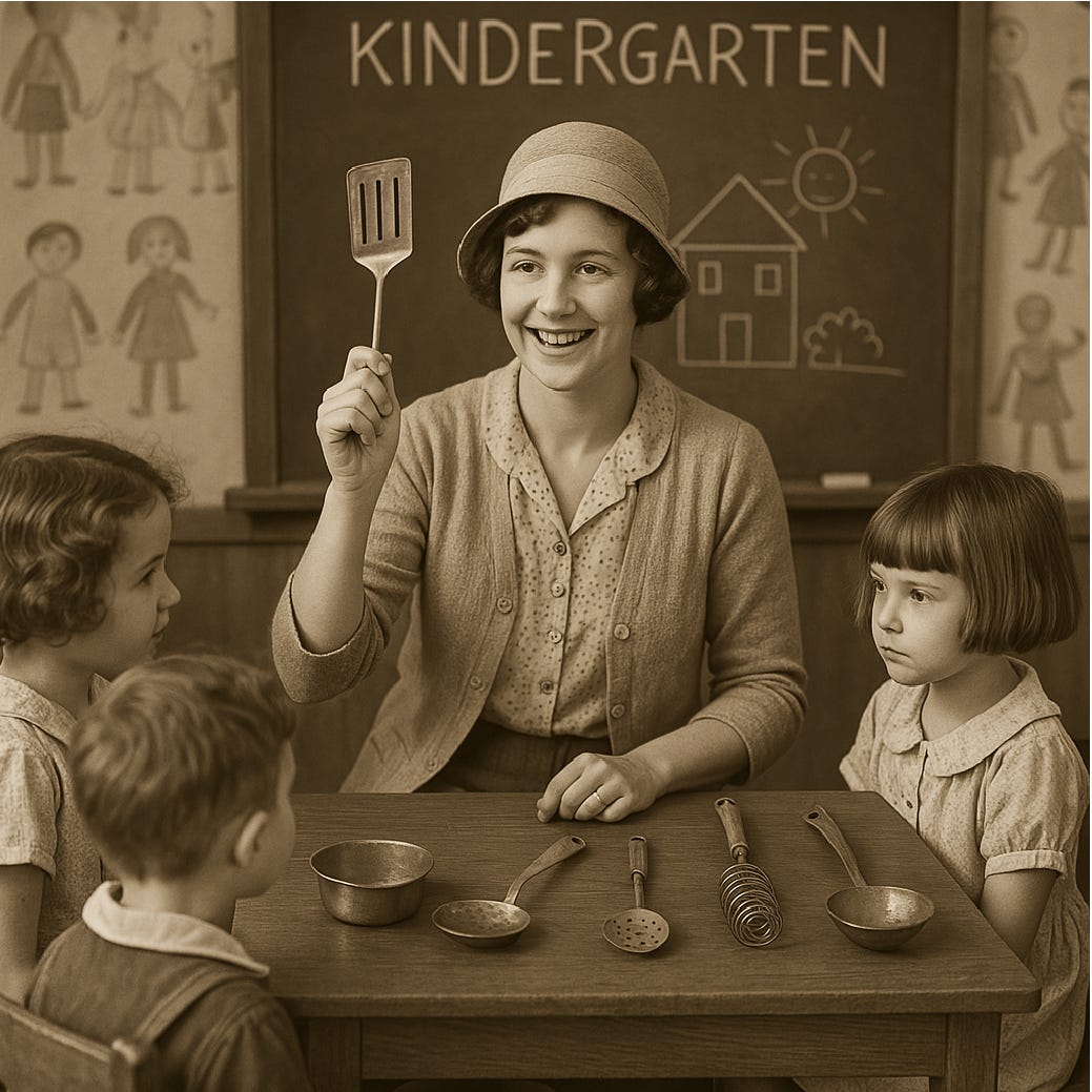 Sepia picture of a kindergarten teacher holding up a spatula while seated at a table with other kitchen implements, three little children around her