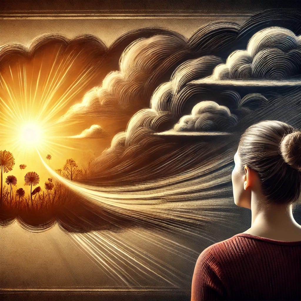 A person looking backward at a memory, depicted as a scene behind them. Dark clouds in the memory are gradually being replaced by a warm, golden sun, symbolizing hope and healing. The transition from darkness to light is visually striking, with the warm sunlight spreading across the scene. The person has a thoughtful, peaceful expression, embracing the change.
