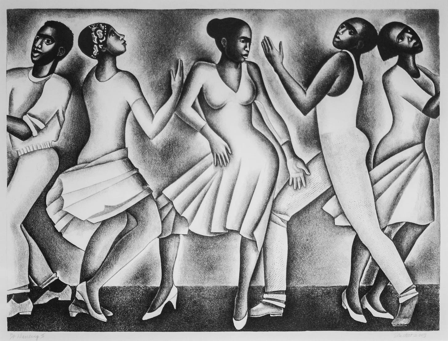 A black and white artwork of five black figures dancing. There are all wearing white outfits and (from left, are man-woman-woman-man-woman).