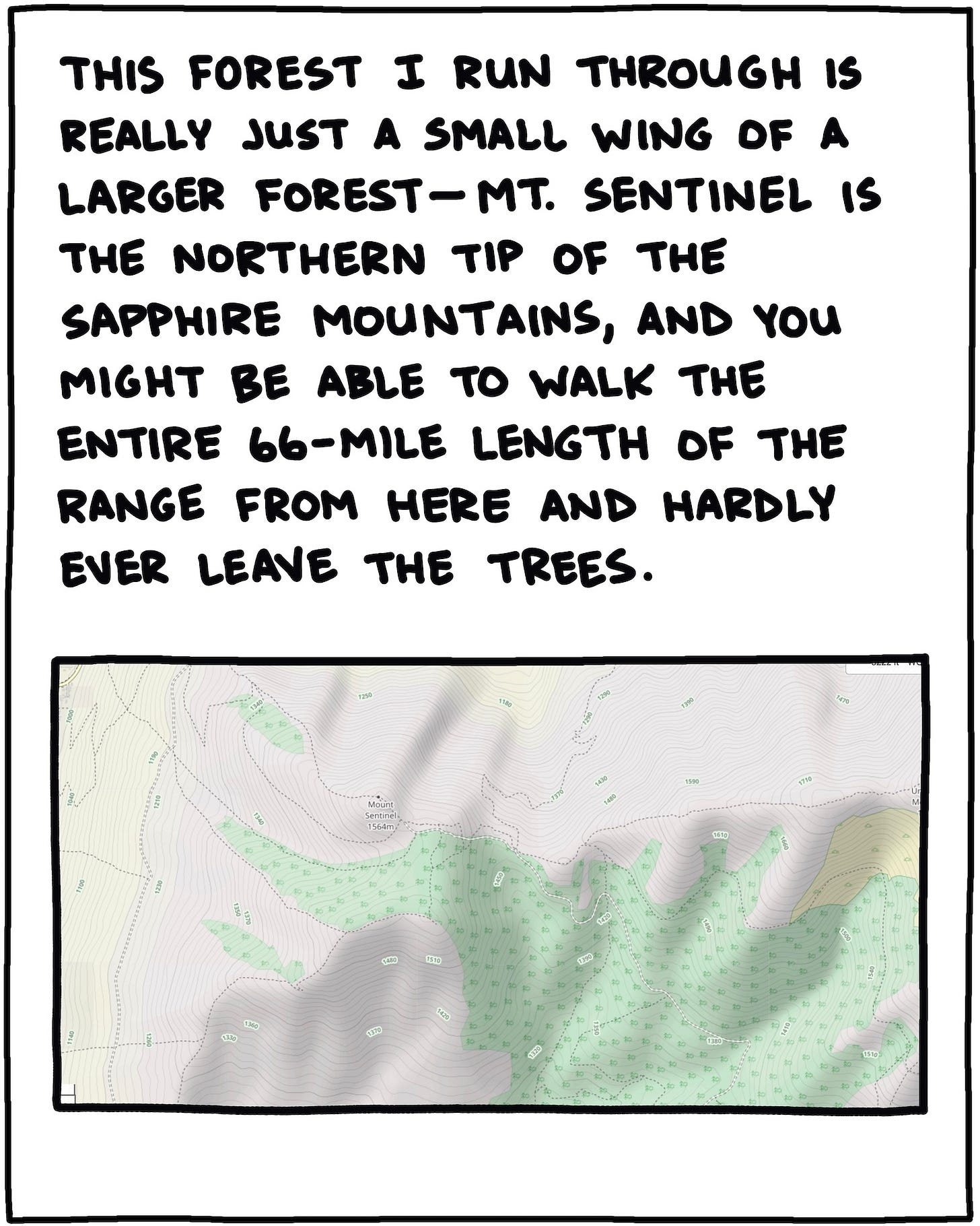 map of Mt. Sentinel and text: This forest I run through is really just a small wing of a larger forest—Mt. Sentinel is the north end of the Sapphire Mountains, and you might be able to walk the entire 66-mile length of the range from here and hardly ever leave the trees.