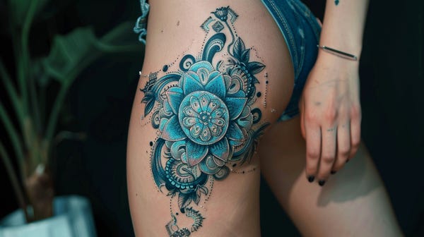 A nice blue intricate floral tattoo adorns a young lady's thigh. The detailed design features elegant flowers and delicate patterns, enhancing the natural beauty of the artwork. The vibrant blue ink adds a striking contrast to her skin, creating a visually appealing and graceful tattoo that highlights both the artist's skill and the wearer's unique style. A nice blue intricate floral tattoo adorns a young lady's thigh. The detailed design features elegant flowers and delicate patterns, enhancing the natural beauty of the artwork. The vibrant blue ink adds a striking contrast to her skin, creating a visually appealing and graceful tattoo that highlights both the artist's skill and the wearer's unique style.