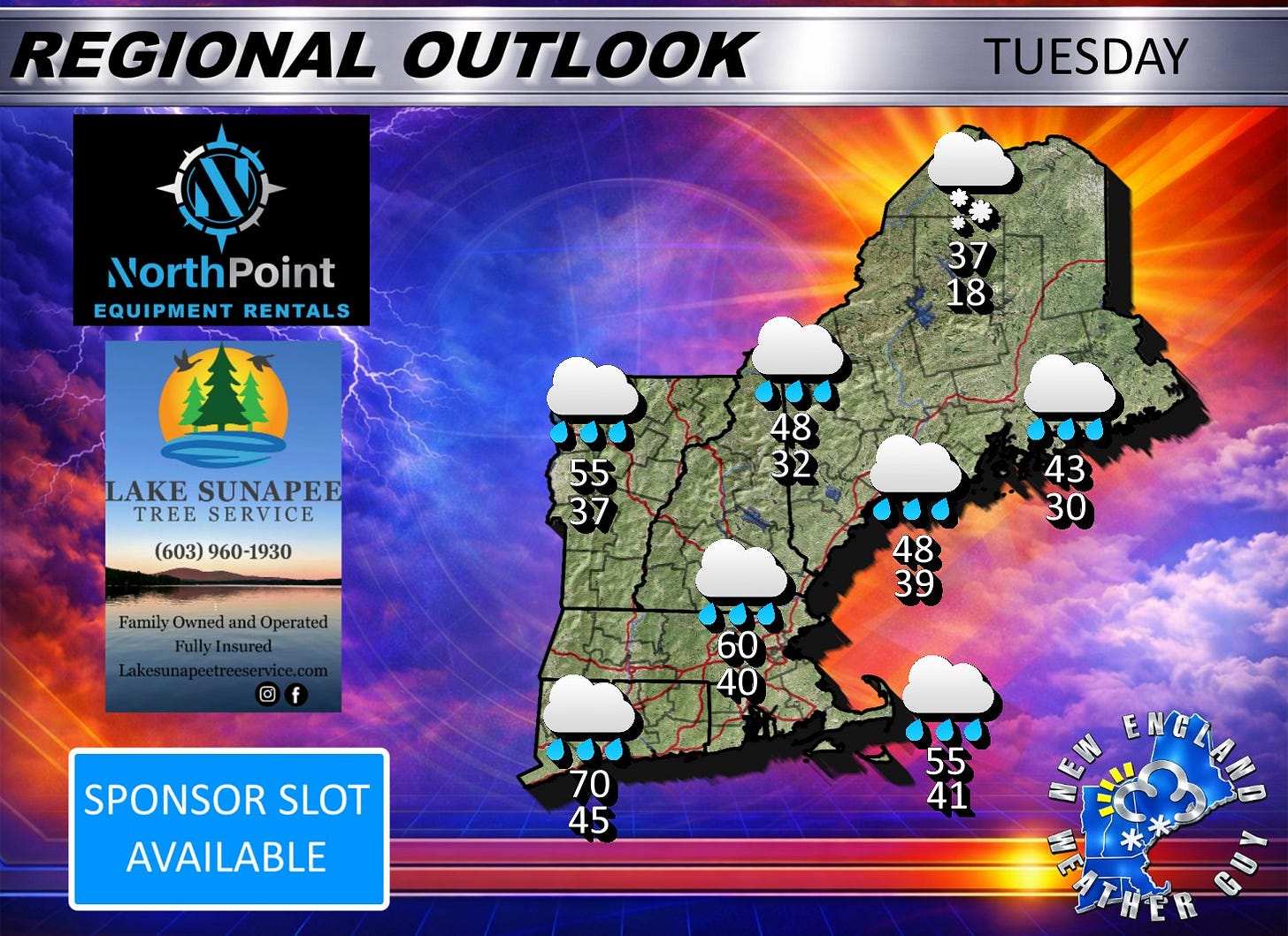 May be an image of ‎map and ‎text that says '‎REGIONAL OUTLOOK TUESDAY 37 18 NorthPoint EQUIPMENT RENTALS ED LAKE SUNAPEE TREE SERVICE (603)960-1930 930 (603) 960-1930 48 32 55 37 Family Owned and Operated Fully FullyInsured 43 30 ® f 48 39 60 40 SPONSOR SLOT AVAILABLE 70 45 55 41 لنا ENELANO ENG‎'‎‎