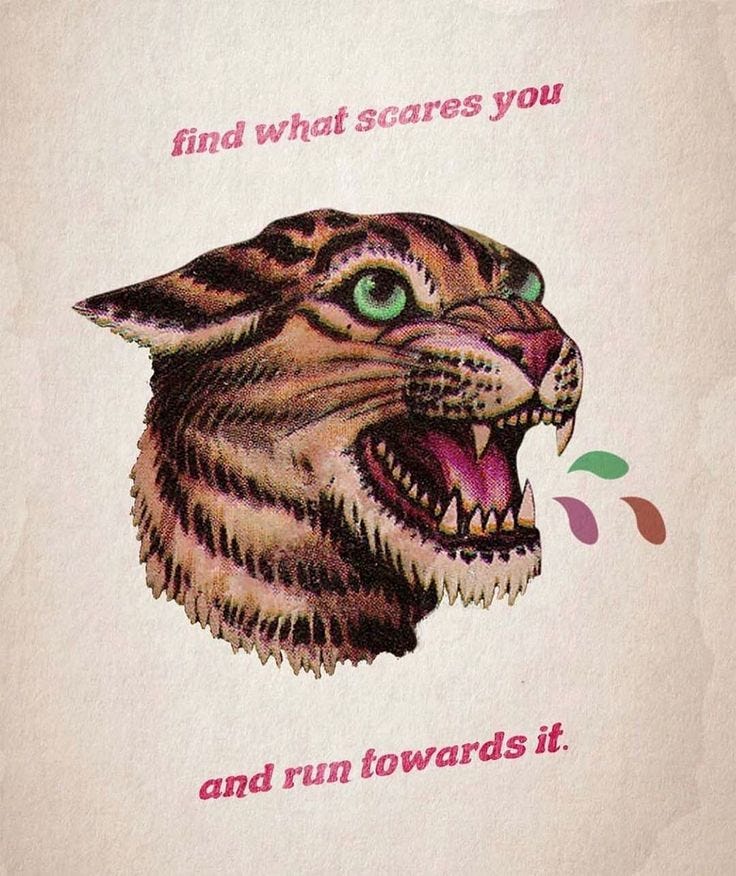 This may contain: a cat with its mouth open and the words find what scared you and run towards it