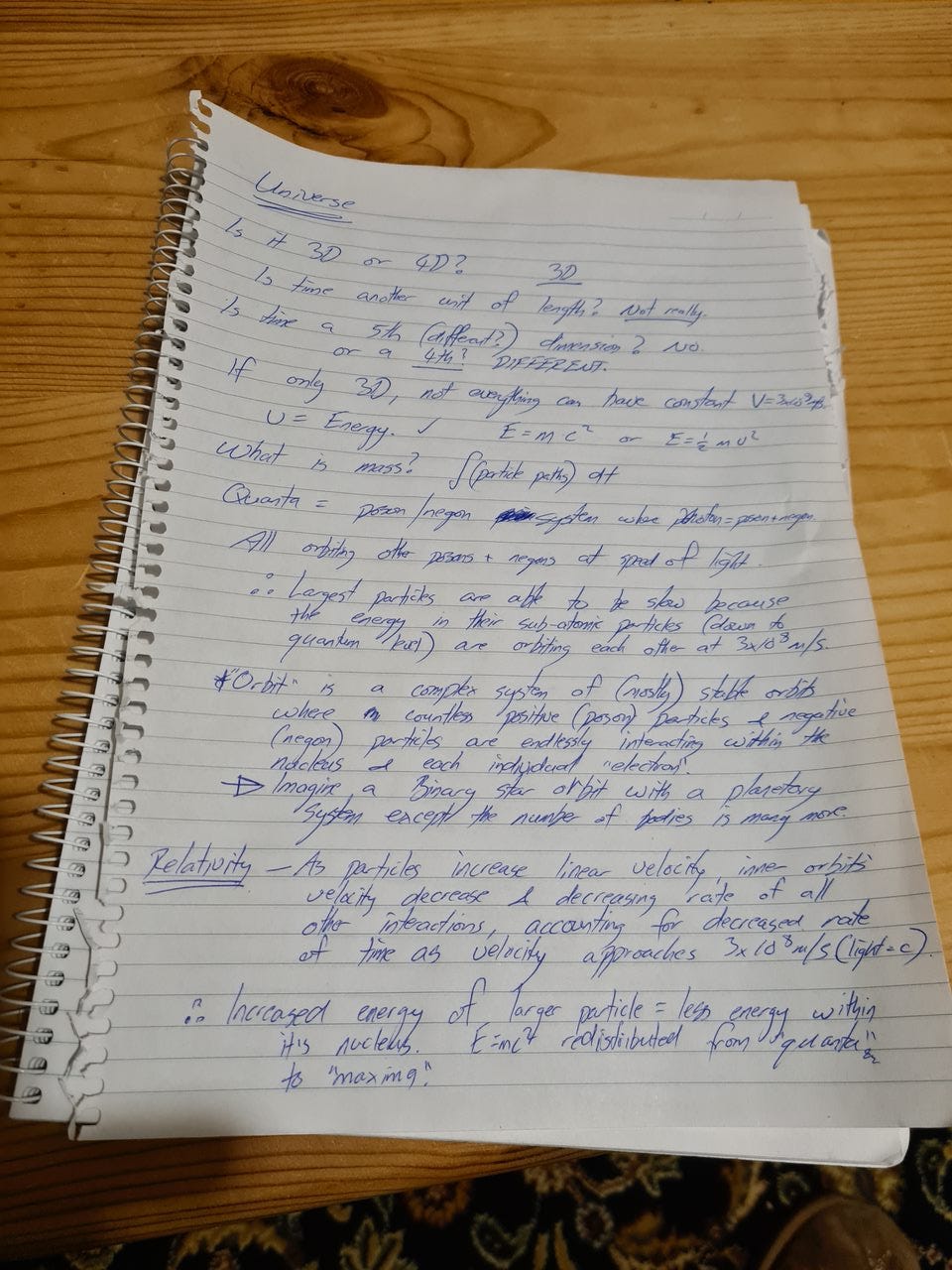 Ian Donaldson’s hand written notes from January 8th 2023 with the first proposal of a positive Poson and negative Negon to comprise a Photon and all other particles in the Standard Model. Years later the theory would be titled Binary Unified Theory.