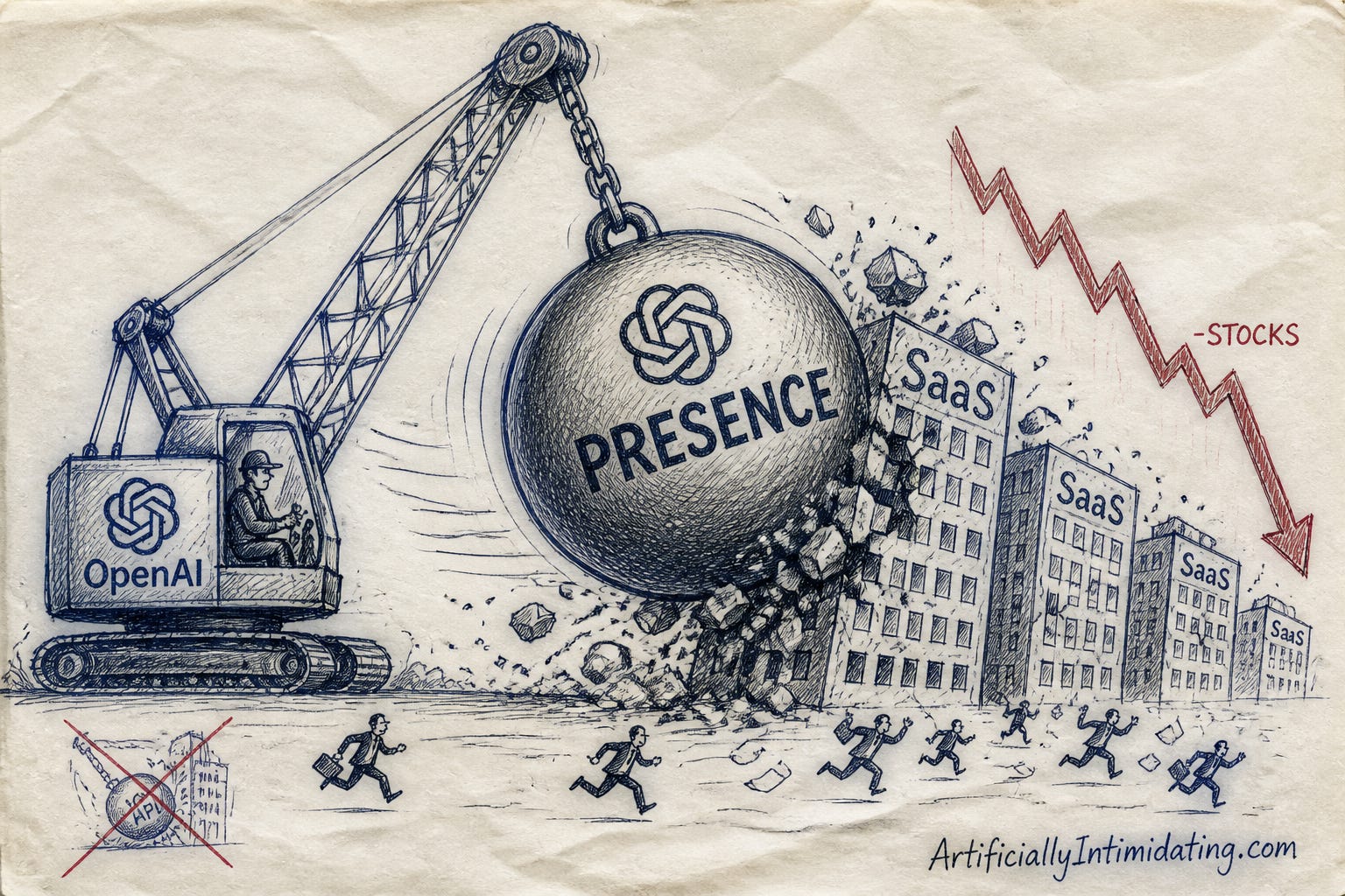 Pen-and-ink editorial cartoon: a giant OpenAI wrecking ball labeled PRESENCE smashes through office towers labeled SaaS as workers flee and a red stock arrow crashes downward.