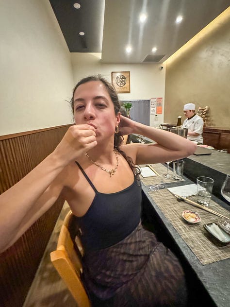 Katya celebrating her birthday with friends, sushi, beach