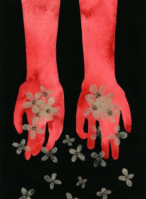 This may contain: two hands with flowers painted on them and one hand in the middle of the frame
