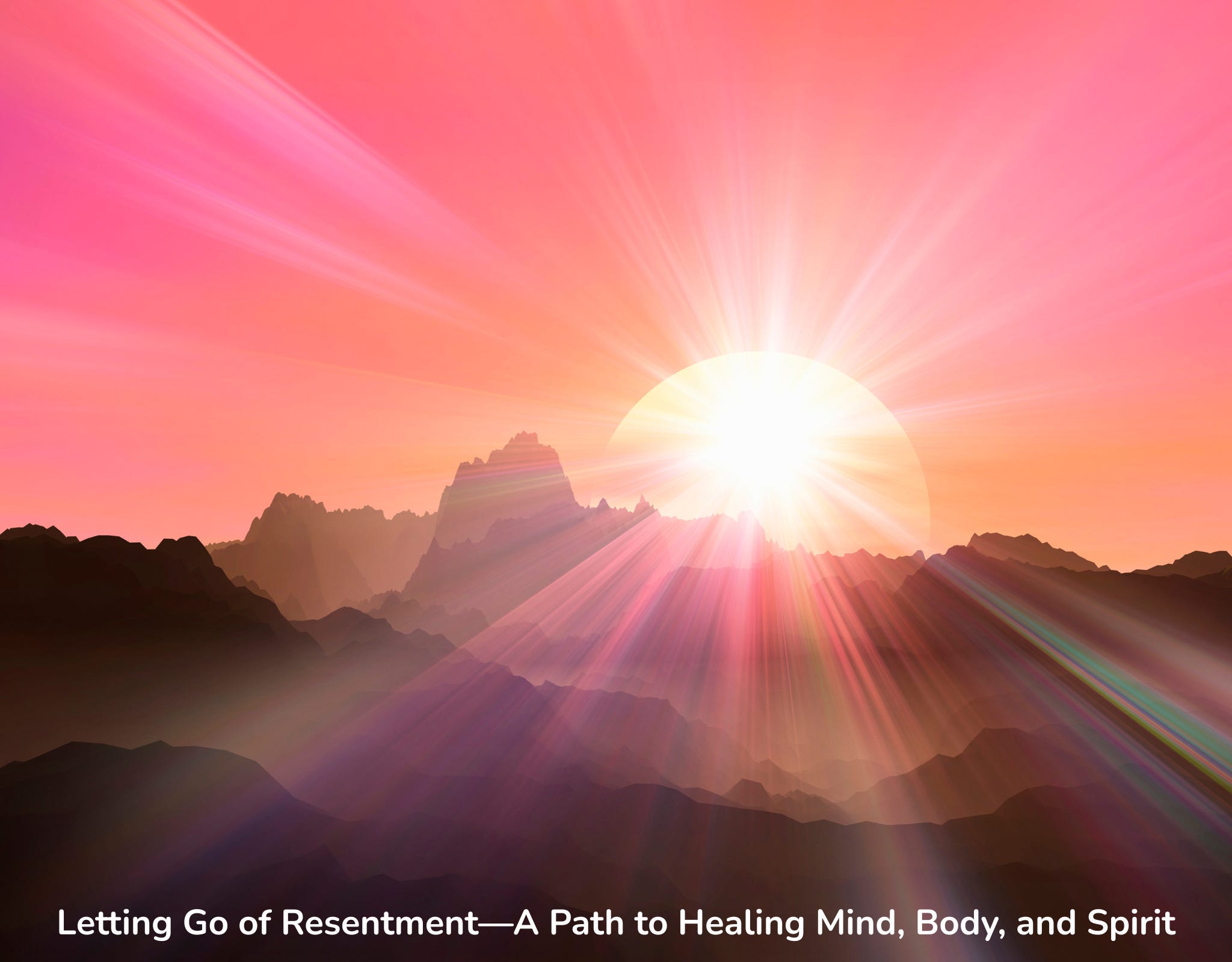 pink background with sun rising behind mountains and trees. Words at bottom: Letting Go of Resentment—A Path to Healing Mind, Body, and Spirit
