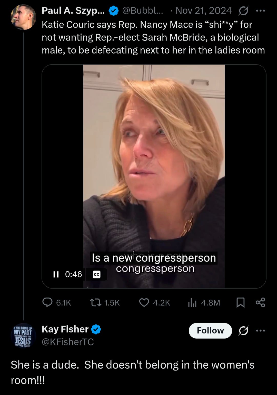  A screenshot of a Twitter post. The post is a quote-tweet from a user named Paul A. Szyp... (@Bubbl...). The text of the top tweet reads: "Katie Couric says Rep. Nancy Mace is 'shi**y' for not wanting Rep.-elect Sarah McBride, a biological male, to be defecating next to her in the ladies room". The tweet contains a video with a still image of a woman with blonde hair, presumably Katie Couric, speaking. On the video, white text on a black background reads: "Is a new congressperson congressperson". The timestamp is "Nov 21, 2024". Below this is a quote-tweet from Kay Fisher (@KFisherTC). The text of the quote-tweet reads: "She is a dude. She doesn't belong in the women's room!!!".