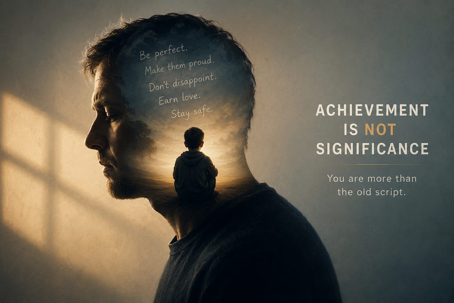 Conceptual double-exposure illustration of an adult reflecting on his childhood blueprint, showing how early experiences shape achievement, people-pleasing, burnout, and the search for significance. Inspired by John R. Miles' conversation with therapist Kati Morton about breaking self-sabotaging patterns, healing childhood adaptations, and choosing intentional growth over automatic survival behaviors.