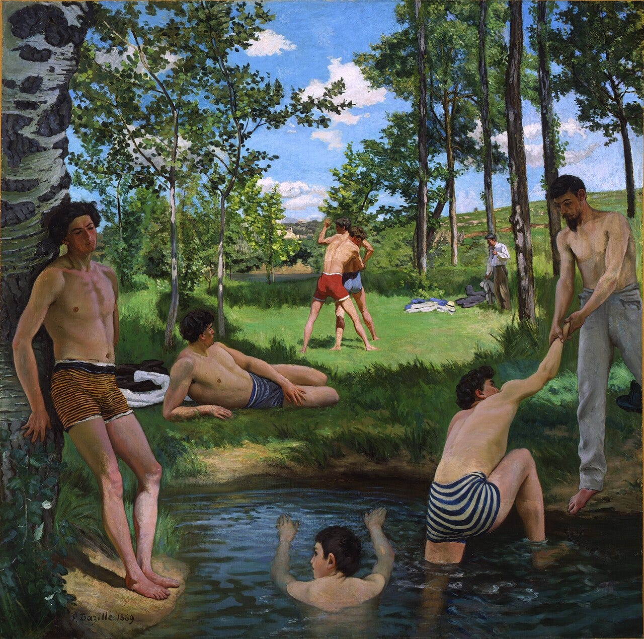 Young men bathing around a pond in dappled light Young men bathing around a pond in dappled light