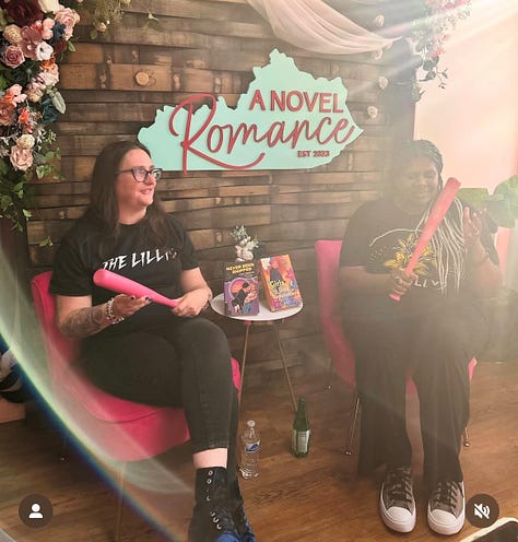 left: exterior of A Novel Romance; center: interior of A Novel Romance showing shelves of books; right: me and Xio Axelrod with our pink bats