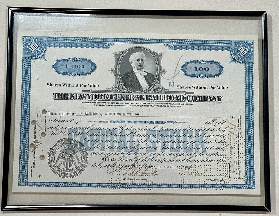 File:The New York Central Railroad Company blue 100 share stock certificate.jpg File:The New York Central Railroad Company blue 100 share stock certificate.jpg