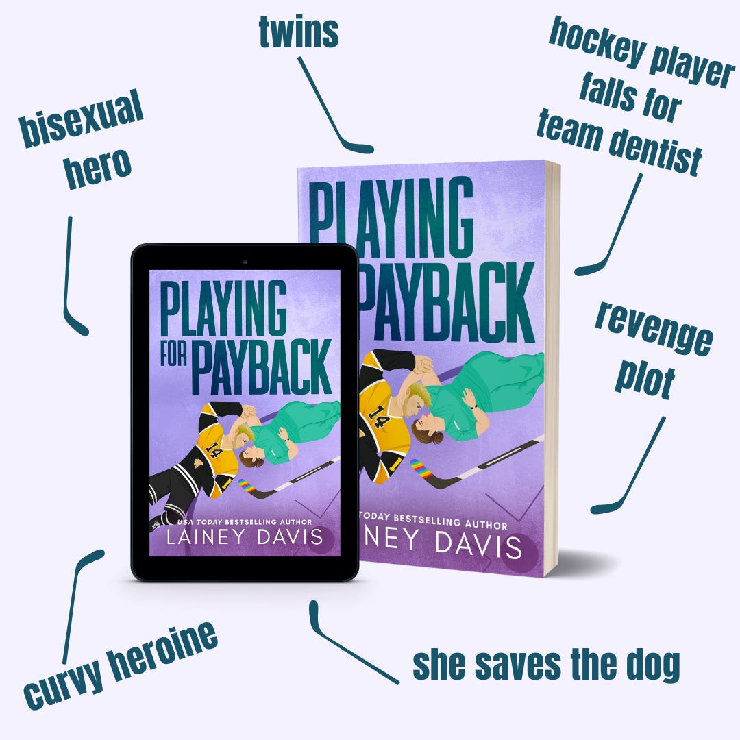 playing for payback cover images with trope words bisexual hero, twins, revenge plot, hockey player, curvy heroine