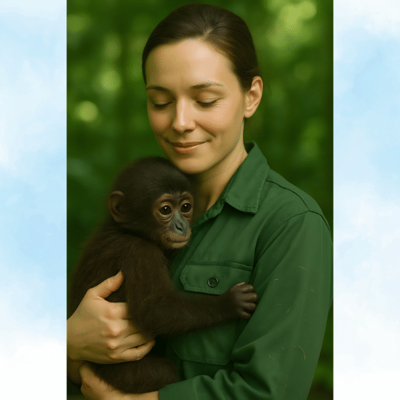 A woman gently holds a baby monkey, finding a meaningful life in caring for others. It's a happy life for both! A woman gently holds a baby monkey, finding a meaningful life in caring for others. It's a happy life for both!