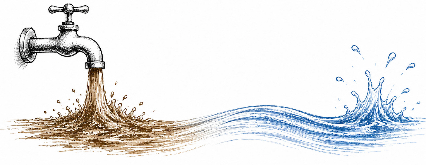 A faucet pours out dirty brown water, which transitions into a clean blue splash, symbolizing the transformation from polluted to clean water.