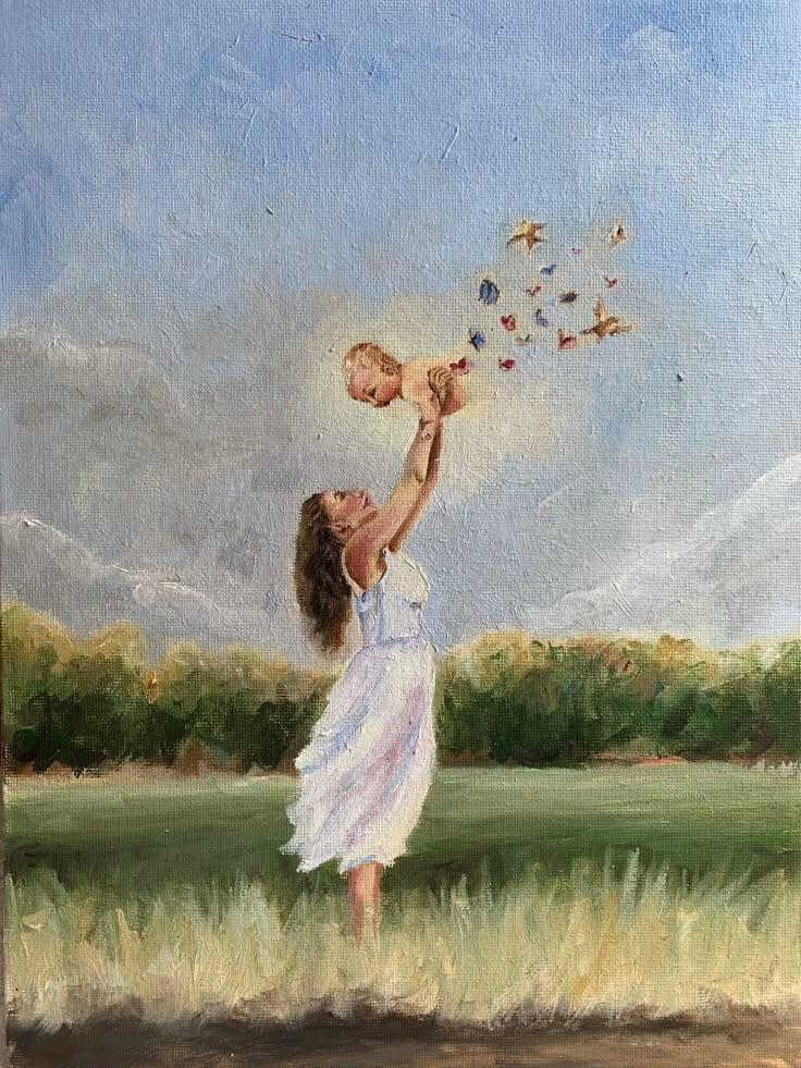 This may contain: a painting of a woman holding a baby in her arms and birds flying over her head