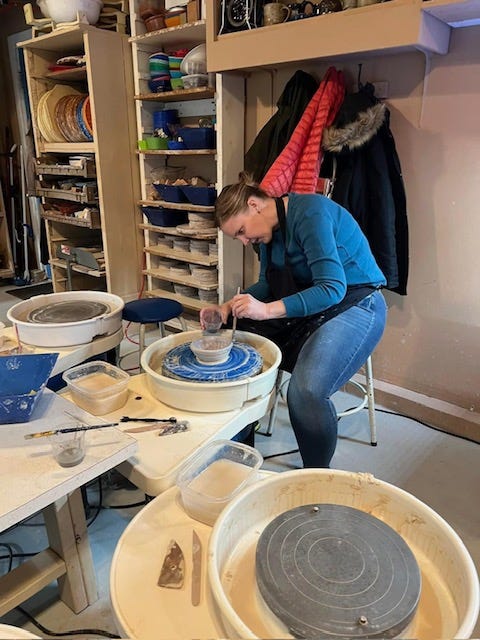 woman at pottery wheel making bowl; completed bowl