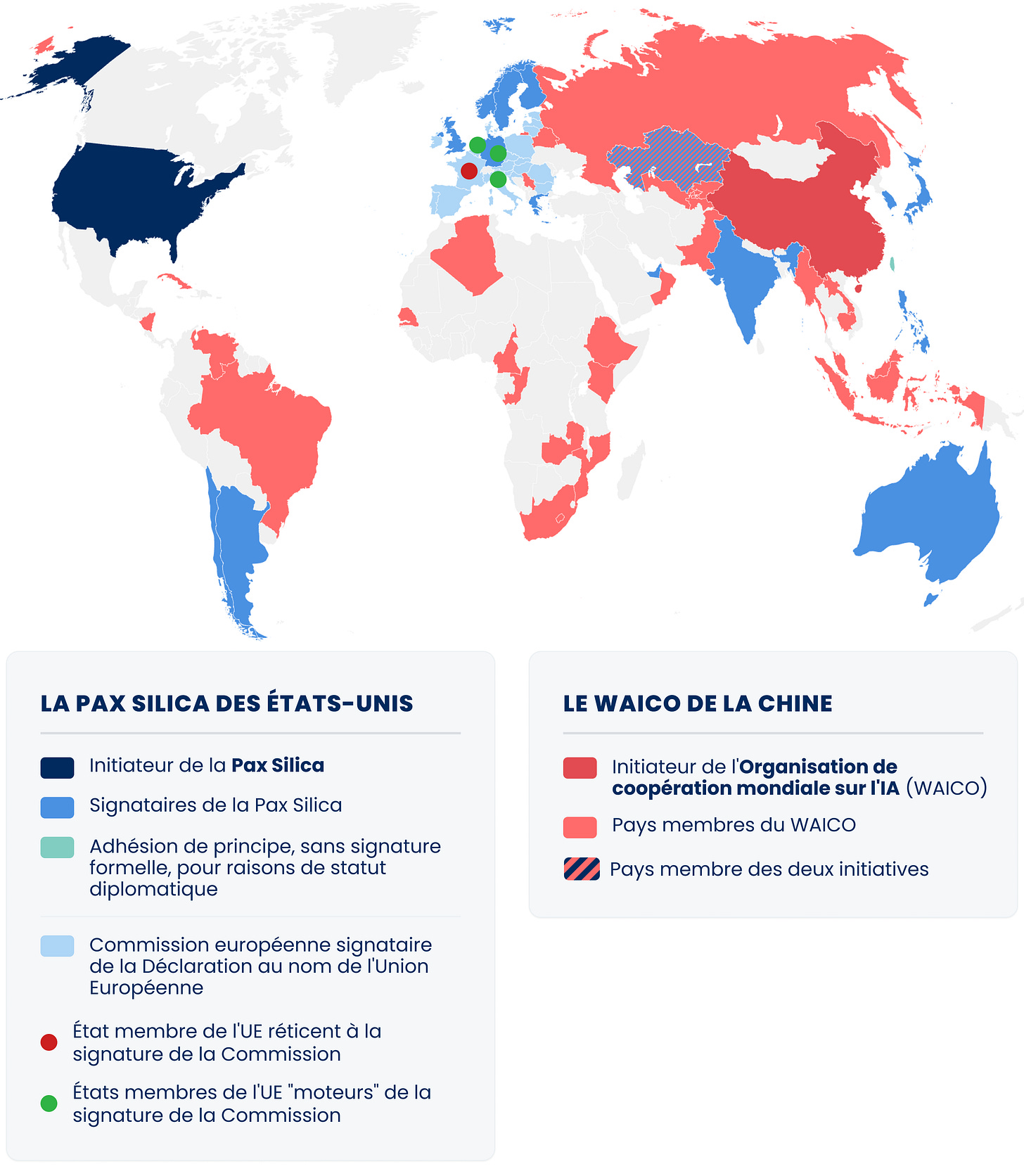 Carte GeoContext : les pays membres de la Pax Silica des États-Unis et les pays membres de l’Organisation de coopération mondiale sur l’IA (WAICO), initiée par la Chine