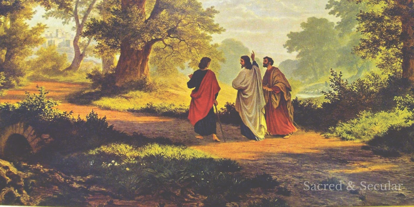 A warm-toned landscape painting depicts two disciples walking along the road to Emmaus with the risen Jesus, whom they do not yet recognise. Sunlight filters through large trees as the three figures journey together through peaceful countryside, capturing the quiet irony that Christ is already beside them while they believe hope has been left behind. A warm-toned landscape painting depicts two disciples walking along the road to Emmaus with the risen Jesus, whom they do not yet recognise. Sunlight filters through large trees as the three figures journey together through peaceful countryside, capturing the quiet irony that Christ is already beside them while they believe hope has been left behind.