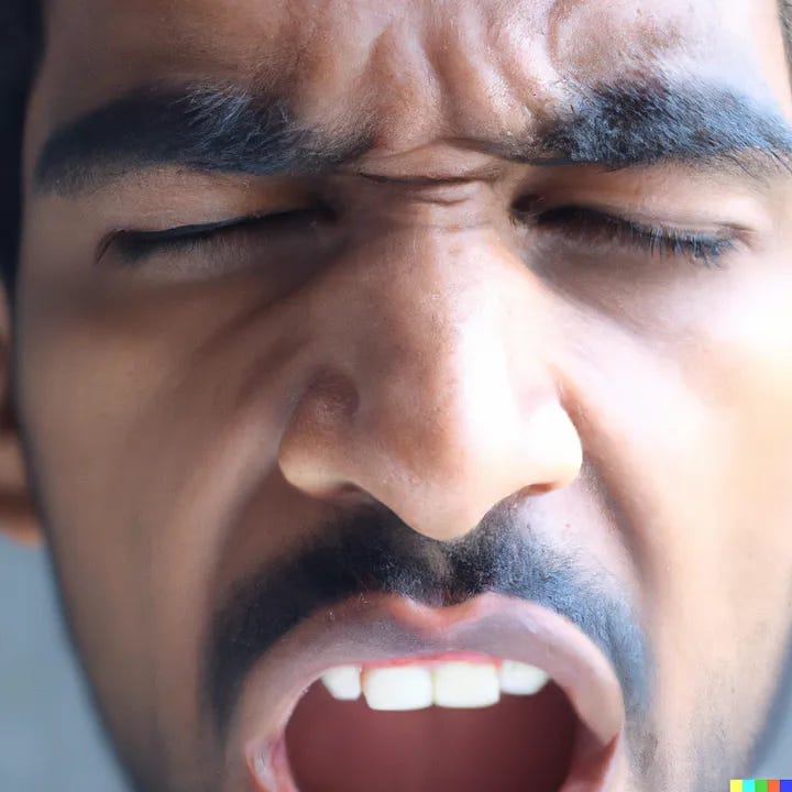 A young brown man screaming (presumably silently) in agony.
