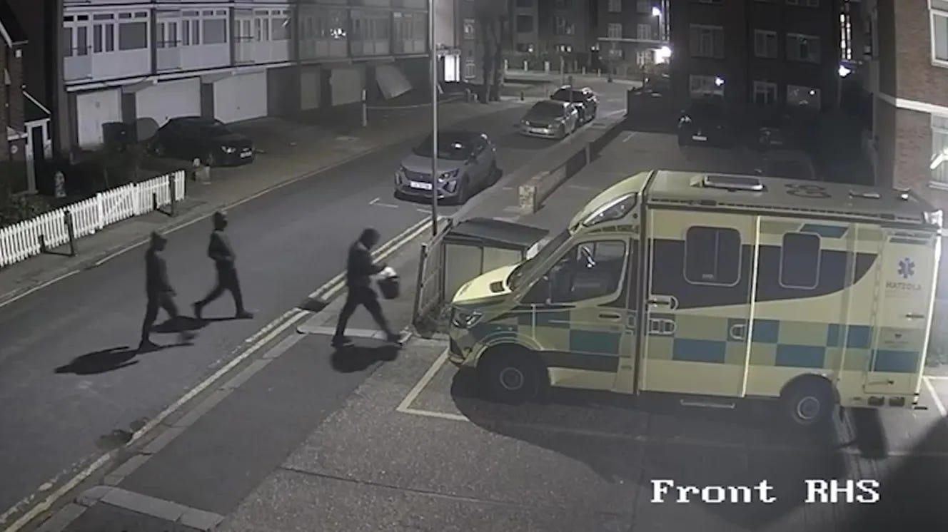 CCTV footage shows three men walking towards Jewish community ambulances before an arson attack in Golders Green, London.