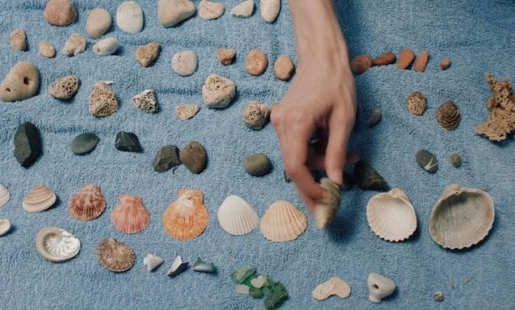 This may contain: a person reaching for shells on a blue towel with rocks and seashells scattered around them
