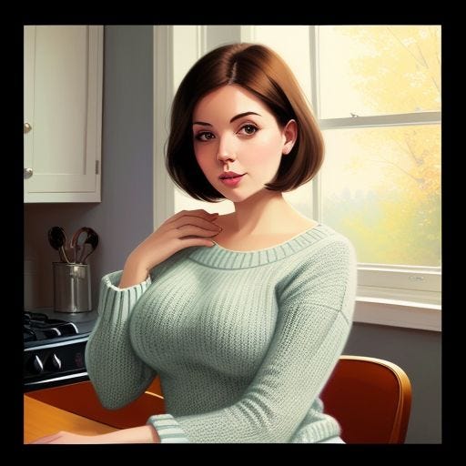 A suburban kitchen, a mother in her sweater.