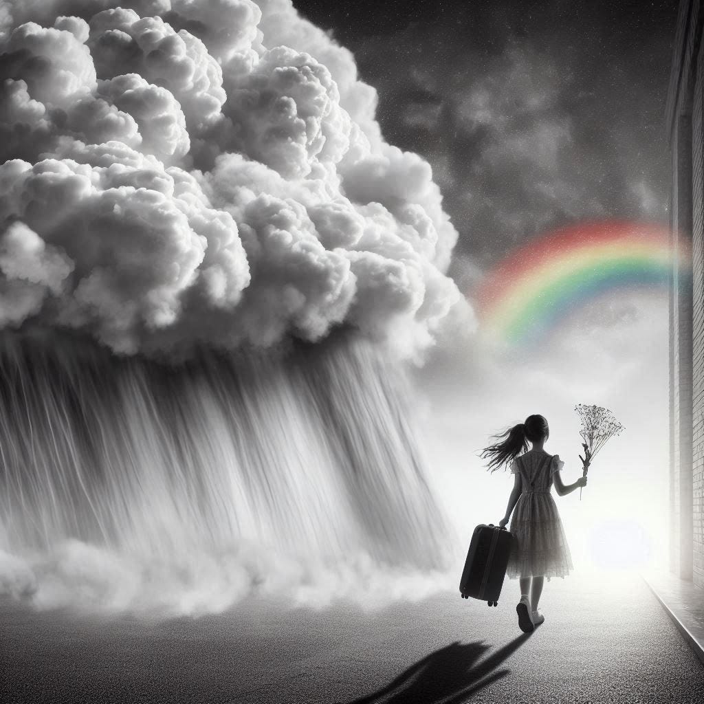 A girl with a suitcase walking through a storm but there is a rainbow that is coming out