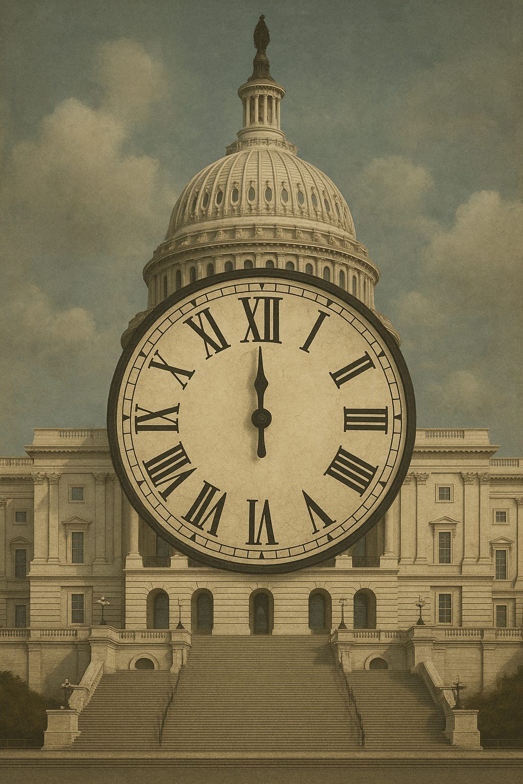 An imagine of the US Capitol with a clock superimposed, to embody the idea of frozen in time
