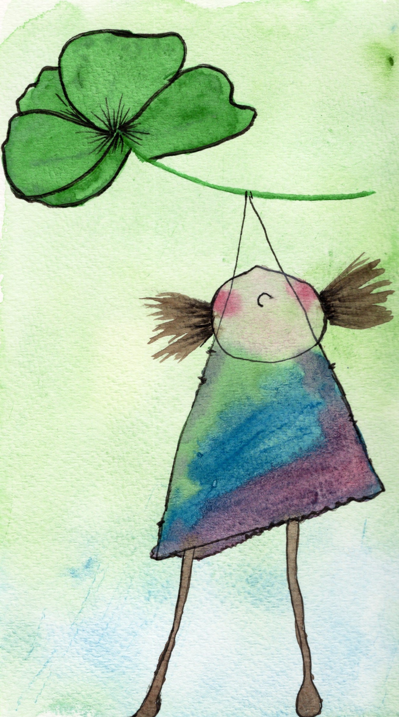A whimsical watercolor of a small, childlike figure in a blue and purple dress standing beneath an oversized four-leaf clover. The figure gazes upward while the clover arches overhead like a gentle canopy against a soft green background, evoking wonder, hope, and quiet delight. A whimsical watercolor of a small, childlike figure in a blue and purple dress standing beneath an oversized four-leaf clover. The figure gazes upward while the clover arches overhead like a gentle canopy against a soft green background, evoking wonder, hope, and quiet delight.