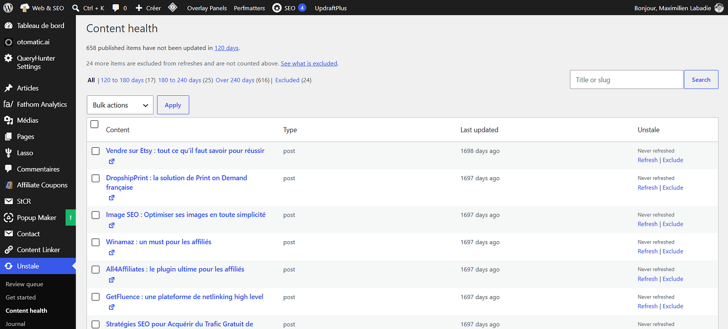 L’écran Content health d’Unstale trie les articles par ancienneté