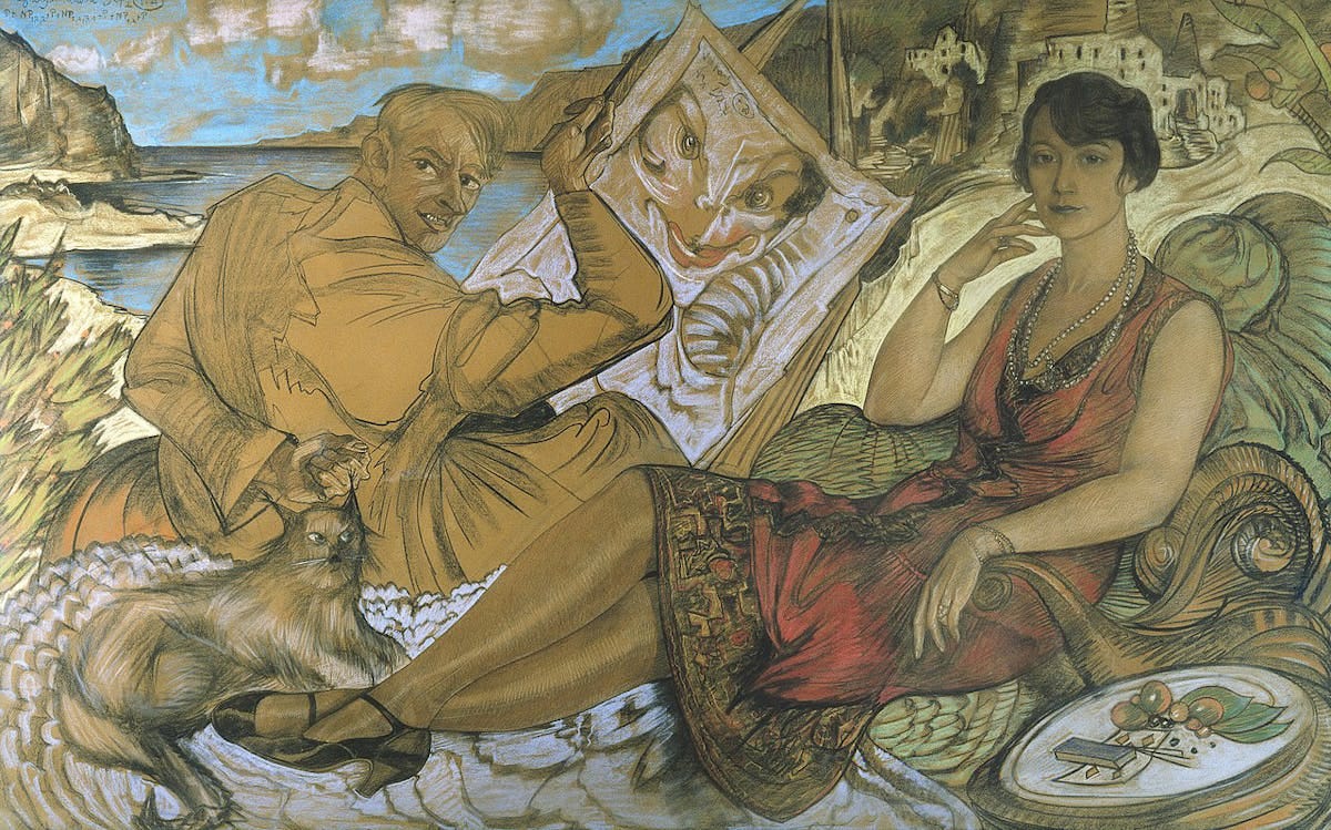 The painting depicts Witkiewicz holding a canvas and sitting next to a reclining woman looking calmly at the viewer The painting depicts Witkiewicz holding a canvas and sitting next to a reclining woman looking calmly at the viewer