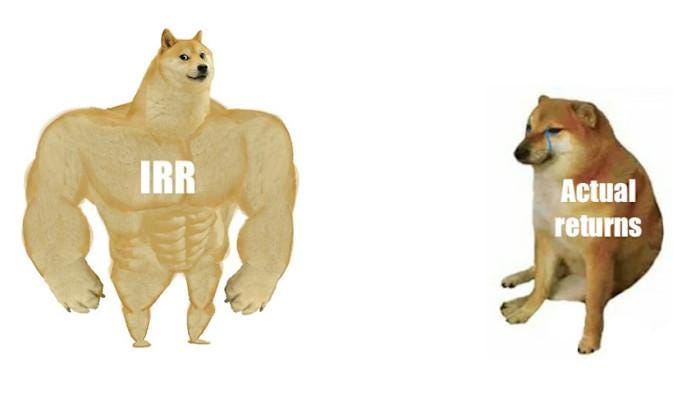 Meme showing a muscular dog labelled IRR next to a small sad dog labelled Actual Returns, illustrating how IRR can exaggerate performance compared to real cash outcomes.