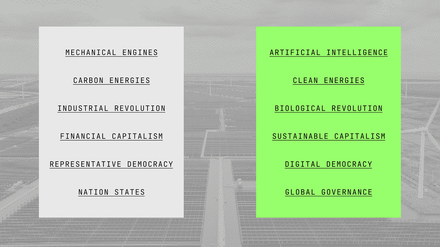 Two columns compare past and future concepts: left side lists traditional terms, right side lists modern, technology-focused terms, on a faint background with wind turbines.