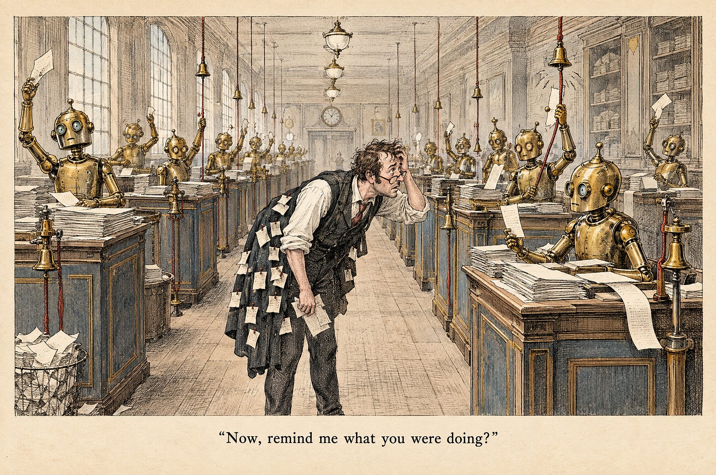 A frazzled clerk, coat pinned with reminder notes, walks a hall of brass robot clerks who all wave slips and ring bells for his attention. Caption: Now, remind me what you were doing?