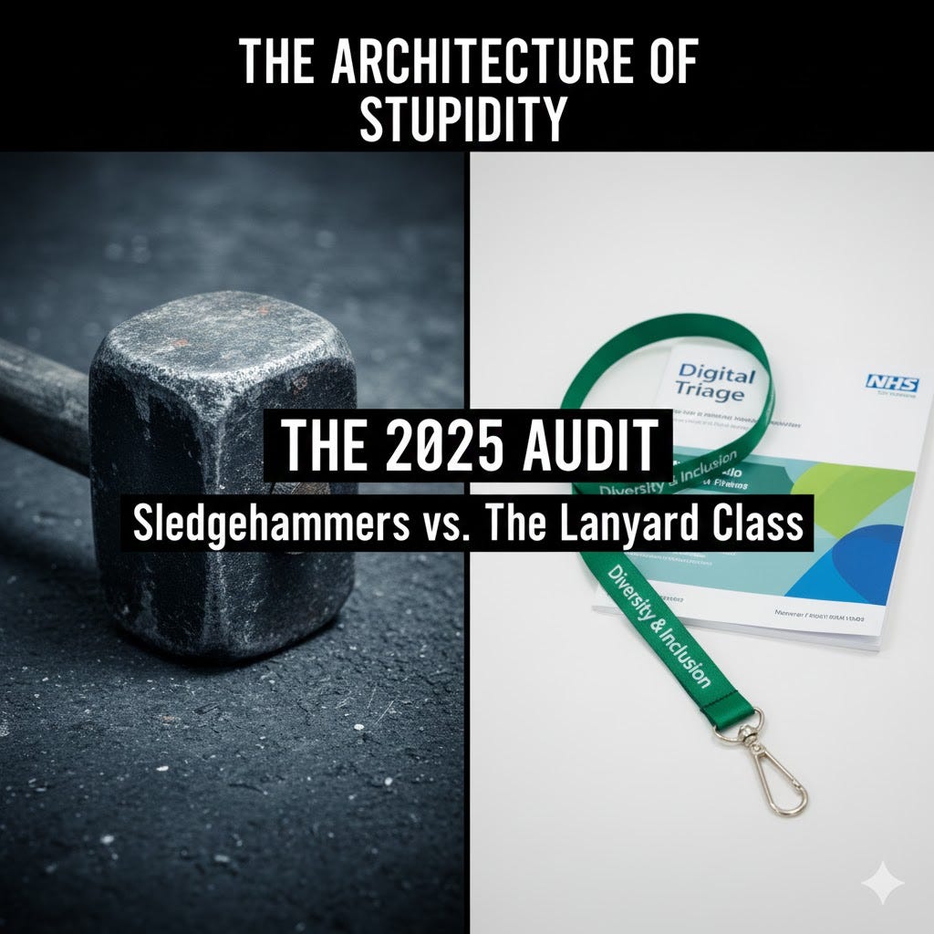 A split-screen visual metaphor for 'The Architecture of Stupidity.' Left: A heavy industrial sledgehammer on a dark, gritty surface. Right: A green 'Diversity & Inclusion' lanyard resting on an NHS 'Digital Triage' manual. Overlay text reads: 'The 2025 Audit: Sledgehammers vs. The Lanyard Class - https://bit.ly/4pdTvIx A split-screen visual metaphor for 'The Architecture of Stupidity.' Left: A heavy industrial sledgehammer on a dark, gritty surface. Right: A green 'Diversity & Inclusion' lanyard resting on an NHS 'Digital Triage' manual. Overlay text reads: 'The 2025 Audit: Sledgehammers vs. The Lanyard Class - https://bit.ly/4pdTvIx