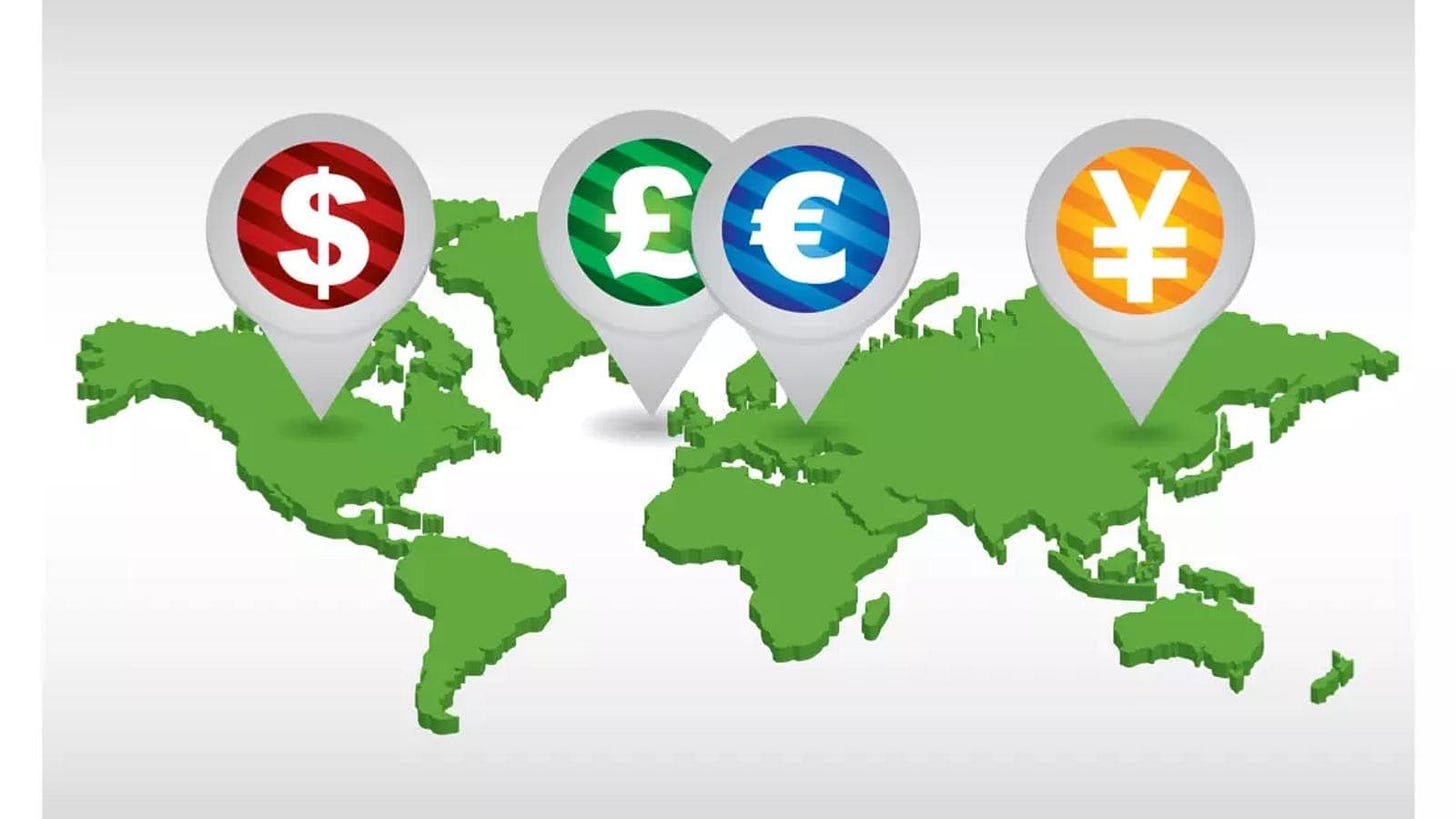 World map with four currency-symbol map pins — US dollar, British pound, euro, and Japanese yen — over their regions. 
