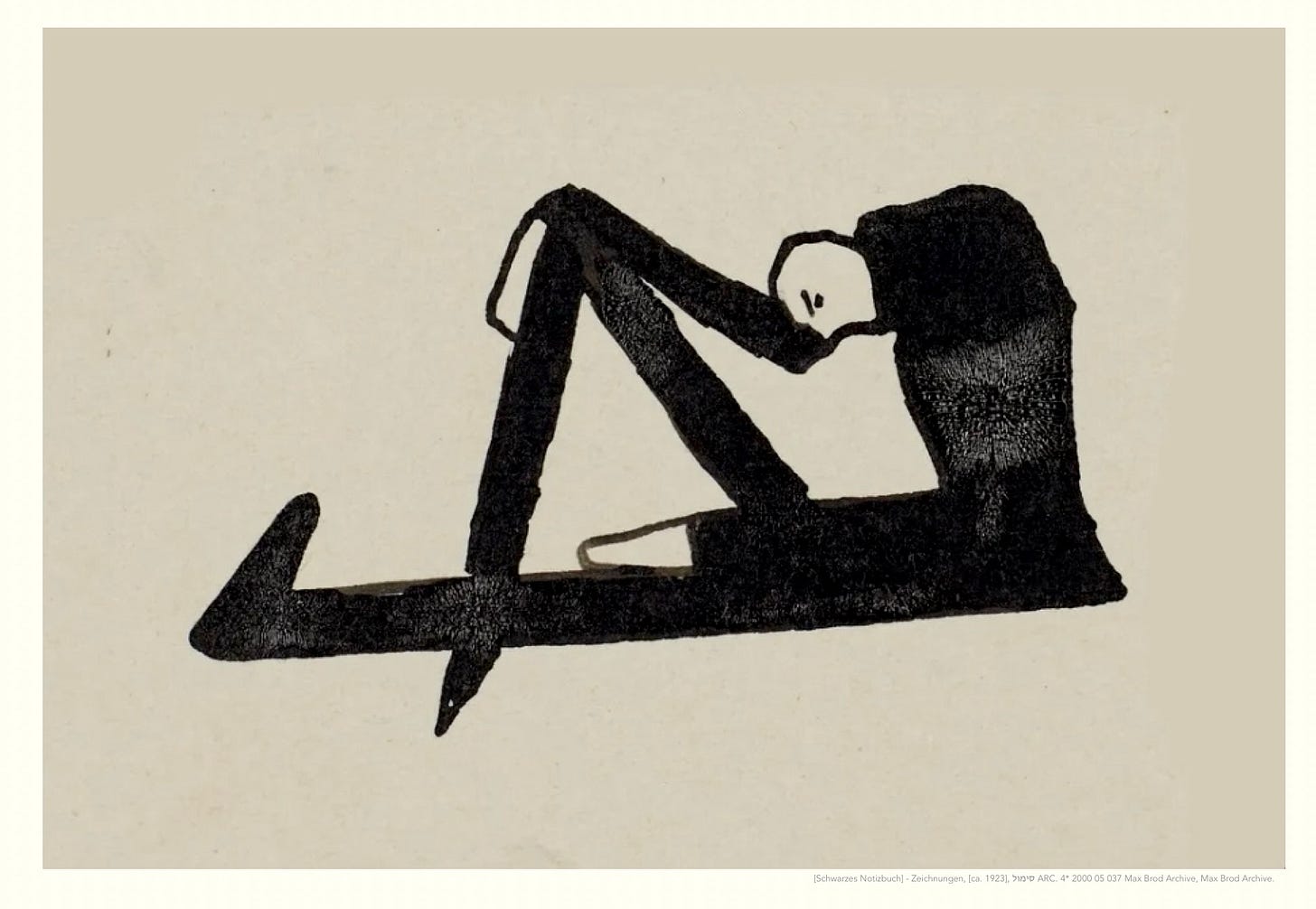Franz Kafka’s ink drawing from his black notebook: a figure sitting with knees drawn up and head bowed. Franz Kafka’s ink drawing from his black notebook: a figure sitting with knees drawn up and head bowed.