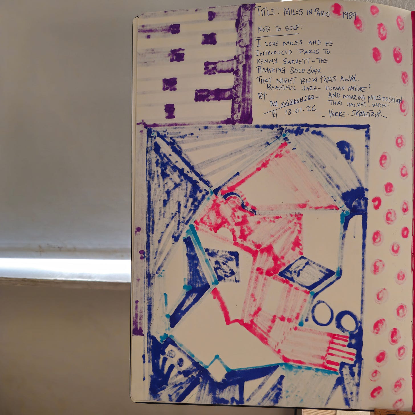 Alt Text: The back of a sketchbook page showing ink bleed-through and handwritten notes by FatbikeHero titled "Miles in Paris 1989," referencing Kenny Garrett and "Human Nature."