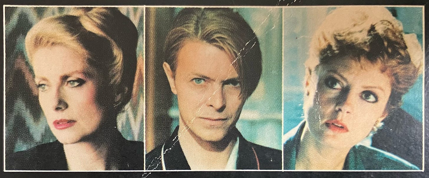 Triptych of three main actors in The Hunger film. Catherine Deneuve looks away, David Bowie addresses the camera, and Susan Sarandon's large eyes express wonderment