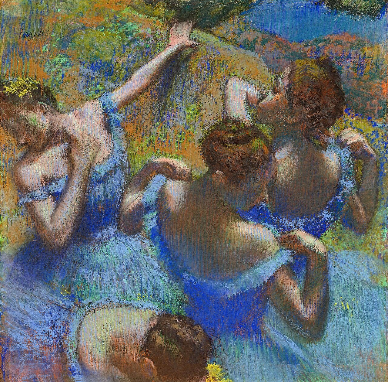 Four dancers in blue adjusting their costumes in stage light Four dancers in blue adjusting their costumes in stage light