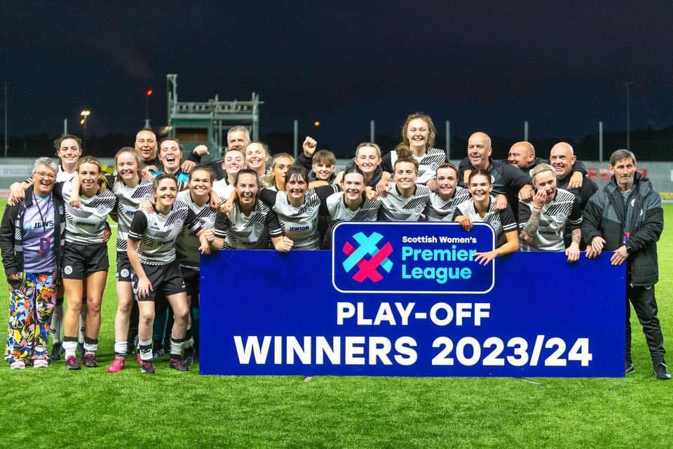 May be an image of 6 people, people playing football and text that says "አስ Scottish Women's Premier League PLAY-OFF WINNERS 2023/24"