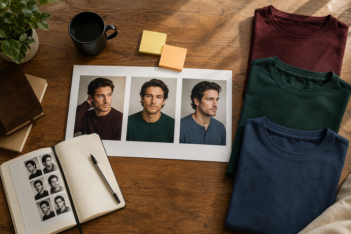 Overhead flat-lay of an actor's pre-shoot prep table with reference headshots, notes, and folded solid-color shirts in burgundy, green, and slate