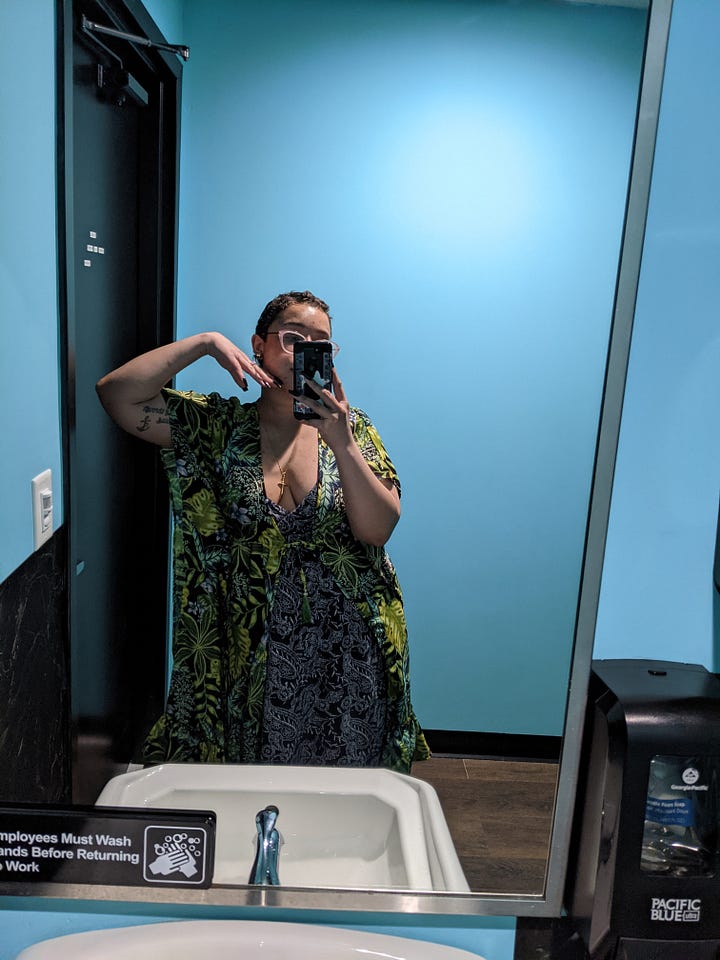 Two mirror photos of me, wearing green and blue in each one. The Atlantic Ocean at Virginia Beach, and Charlotte through the plane window at almost midnight.